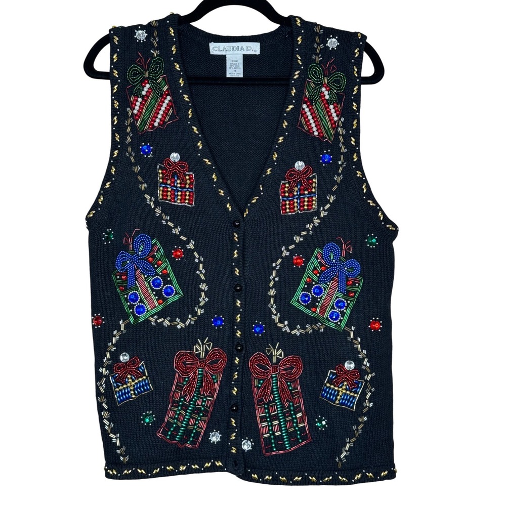 Vintage 1997 Claudia D. Beaded Christmas Gift Sweater Vest Black‎ Medium Holiday